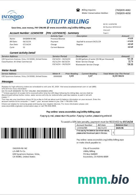 Usa California Escondido City of Choice rachunek za usługi komunalne szablon w formatach Word i PDF